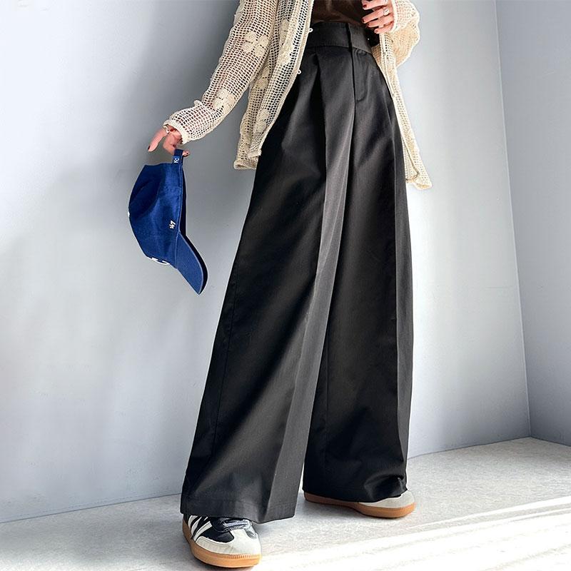 ボトムス パンツ レディース ツータック ワイド シルエット ハイウエスト ツイル 素材 スラックス 高見え ウエスト 後ろ ゴム センタープレス 幅広 | classicalelf | 18