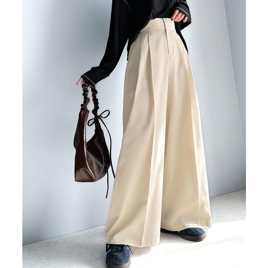 ボトムス パンツ レディース ツータック ワイド シルエット ハイウエスト ツイル 素材 スラックス 高見え ウエスト 後ろ ゴム センタープレス 幅広 | classicalelf | 04