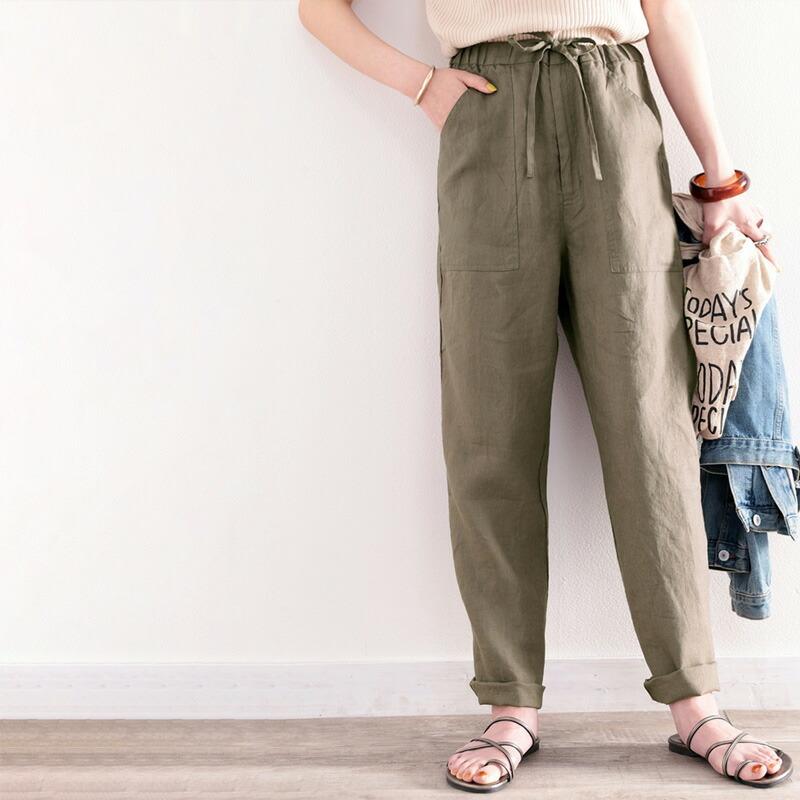 メール便  レディース 大きいサイズ 小さいサイズ ボトムス パンツ カーゴパンツ イージーパンツ 麻100％ ストレート ゆったり ハイウエスト ドロスト | classicalelf