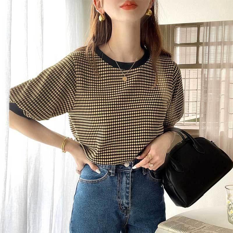 メール便  レディース 大きいサイズ トップス ニット ニットソー プルオーバー ジャガード Uネック 半袖 パフスリーブ レトロ ハニカム柄 幾何学柄 配 | classicalelf