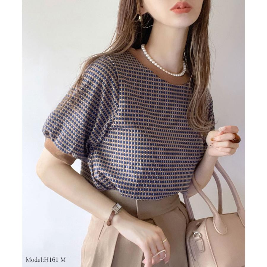 メール便  レディース 大きいサイズ トップス ニット ニットソー プルオーバー ジャガード Uネック 半袖 パフスリーブ レトロ ハニカム柄 幾何学柄 配 | classicalelf | 10