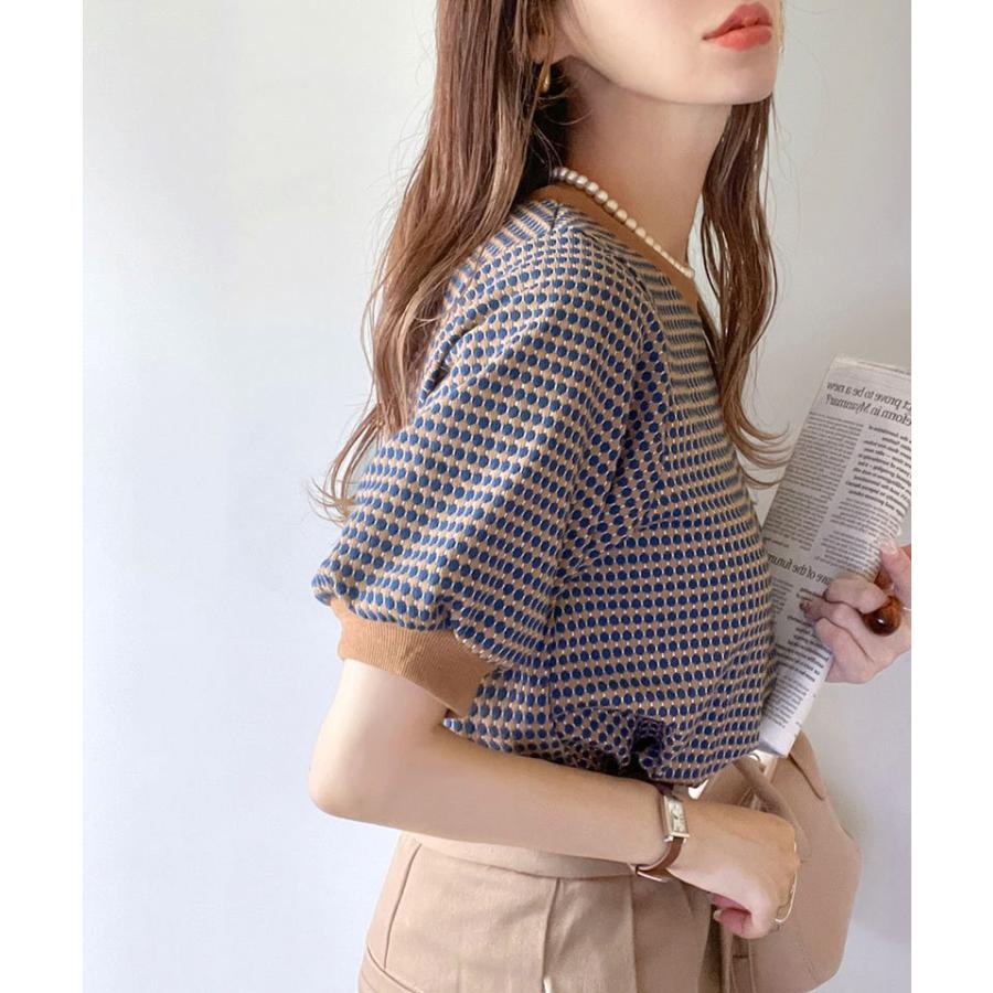 メール便  レディース 大きいサイズ トップス ニット ニットソー プルオーバー ジャガード Uネック 半袖 パフスリーブ レトロ ハニカム柄 幾何学柄 配 | classicalelf | 11