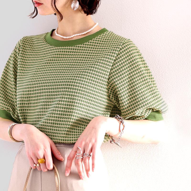 メール便  レディース 大きいサイズ トップス ニット ニットソー プルオーバー ジャガード Uネック 半袖 パフスリーブ レトロ ハニカム柄 幾何学柄 配 | classicalelf | 18