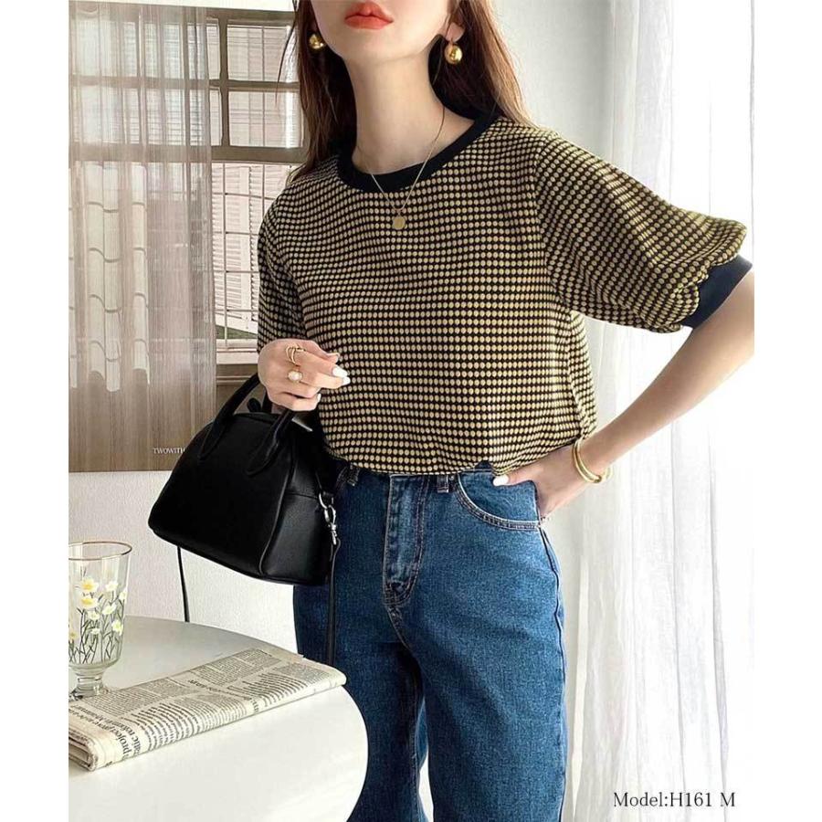 メール便  レディース 大きいサイズ トップス ニット ニットソー プルオーバー ジャガード Uネック 半袖 パフスリーブ レトロ ハニカム柄 幾何学柄 配 | classicalelf | 02