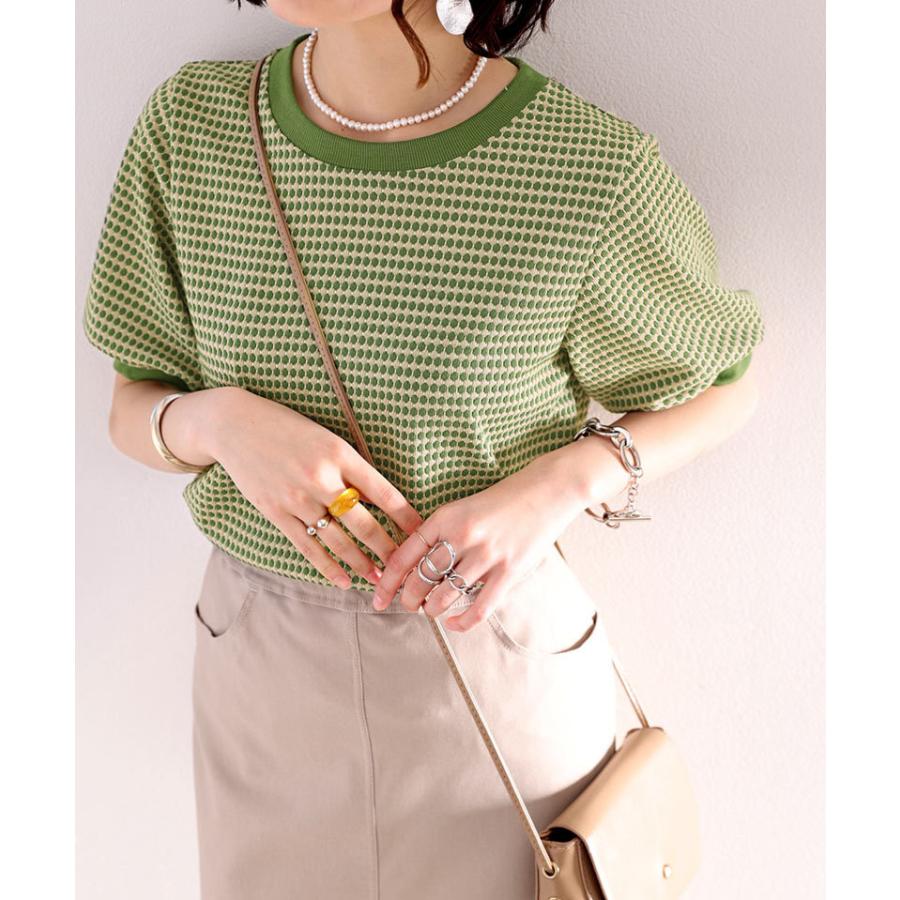 メール便  レディース 大きいサイズ トップス ニット ニットソー プルオーバー ジャガード Uネック 半袖 パフスリーブ レトロ ハニカム柄 幾何学柄 配 | classicalelf | 05