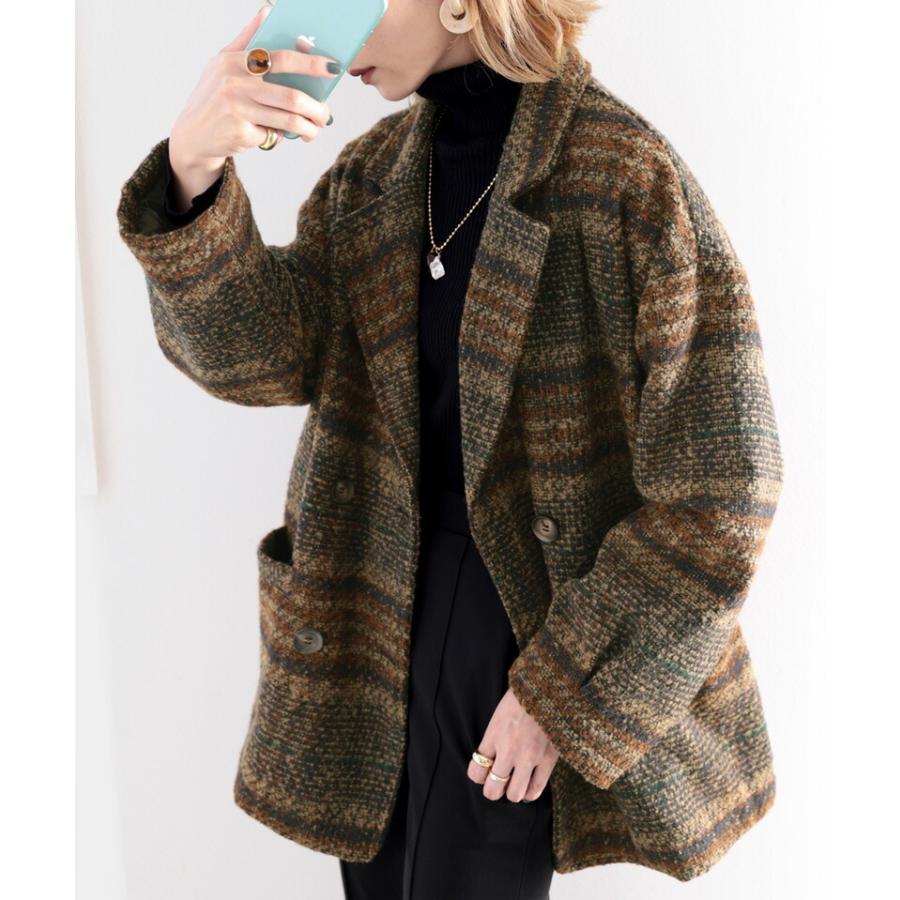 レディース アウター コート ジャケット ミドル丈 チェック ブルゾン 羽織 大きいサイズ レトロ オーバーサイズ ビッグシルエットゆったり ダブルボタ | classicalelf | 05
