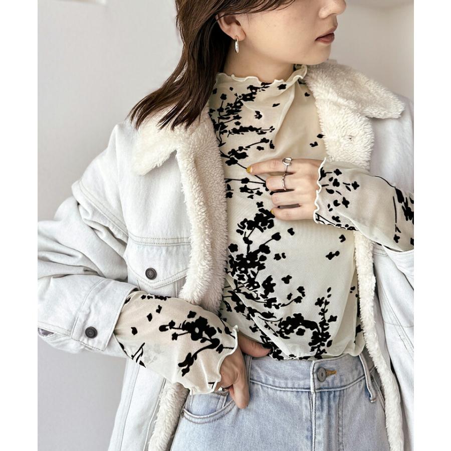 トップス Tシャツ レディース 凸凹 花柄 プリント フロッキー シアー ハイネック プルオーバー メロウ加工 レイヤードコーデ 透け感 シック | classicalelf | 13