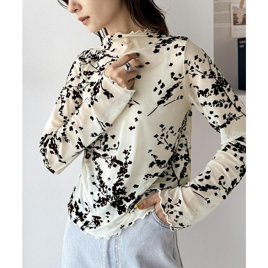 トップス Tシャツ レディース 凸凹 花柄 プリント フロッキー シアー ハイネック プルオーバー メロウ加工 レイヤードコーデ 透け感 シック | classicalelf | 14