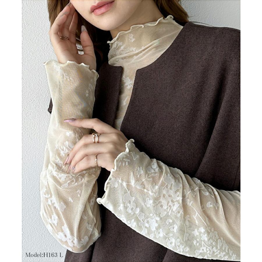 トップス Tシャツ レディース 凸凹 花柄 プリント フロッキー シアー ハイネック プルオーバー メロウ加工 レイヤードコーデ 透け感 シック | classicalelf | 02