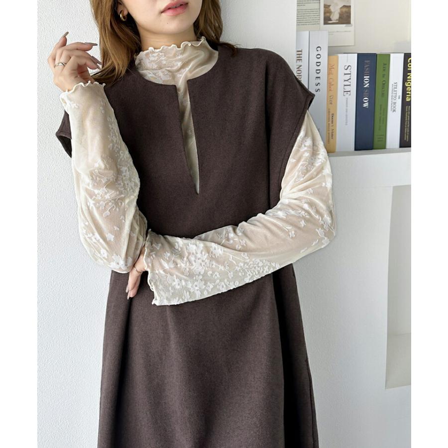 トップス Tシャツ レディース 凸凹 花柄 プリント フロッキー シアー ハイネック プルオーバー メロウ加工 レイヤードコーデ 透け感 シック | classicalelf | 03