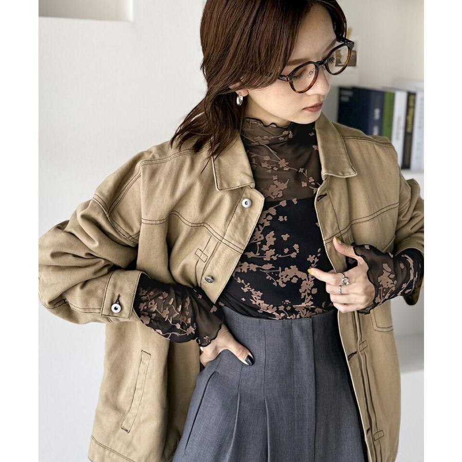 トップス Tシャツ レディース 凸凹 花柄 プリント フロッキー シアー ハイネック プルオーバー メロウ加工 レイヤードコーデ 透け感 シック | classicalelf | 08