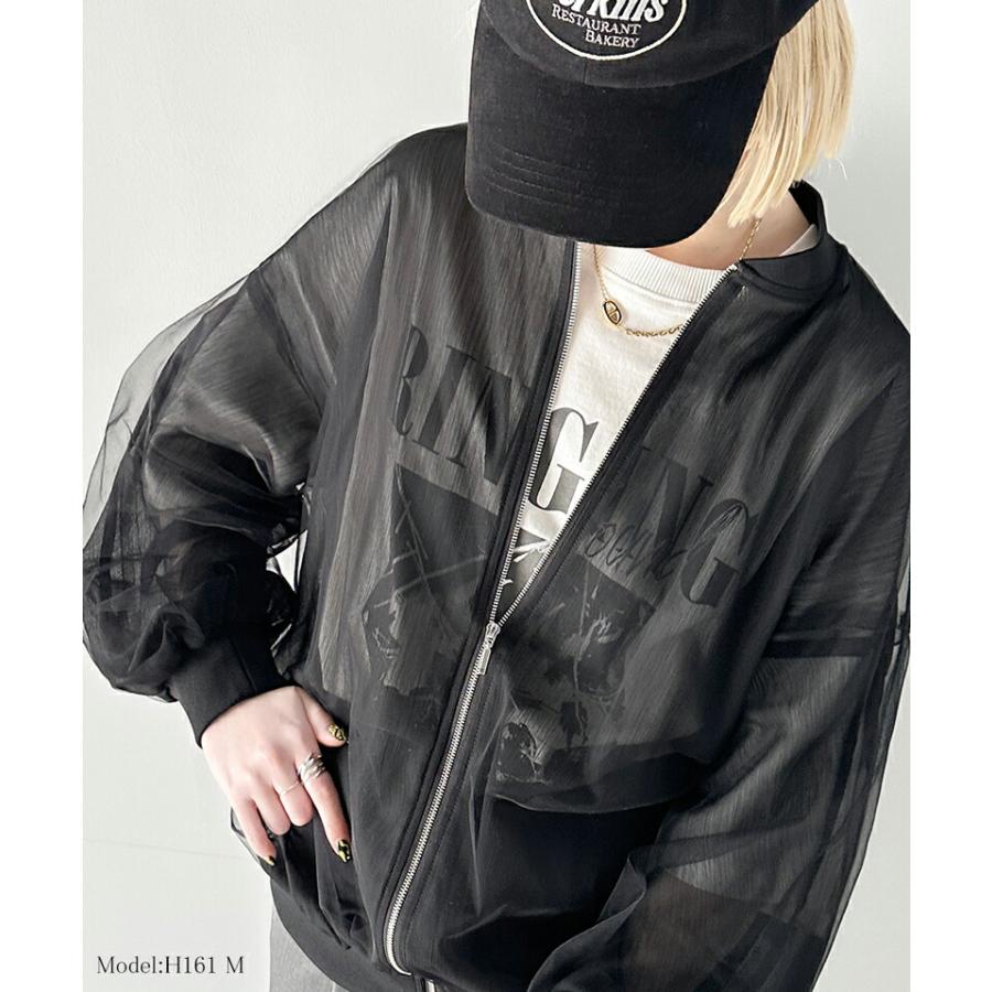 アウター ジャケット レディース チュール×シフォン レイヤード ダブル ファスナー シアー ブルゾン バルーンスリーブ 羽織り レイヤードコーデ | classicalelf | 02