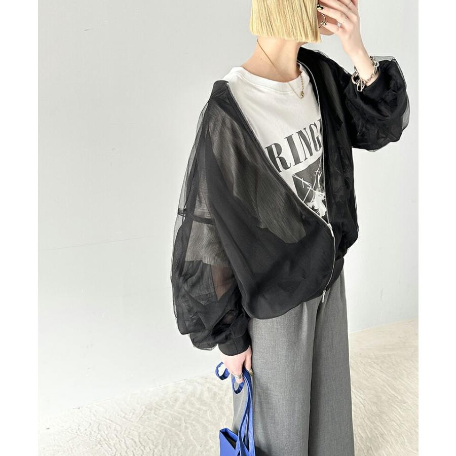 アウター ジャケット レディース チュール×シフォン レイヤード ダブル ファスナー シアー ブルゾン バルーンスリーブ 羽織り レイヤードコーデ | classicalelf | 03