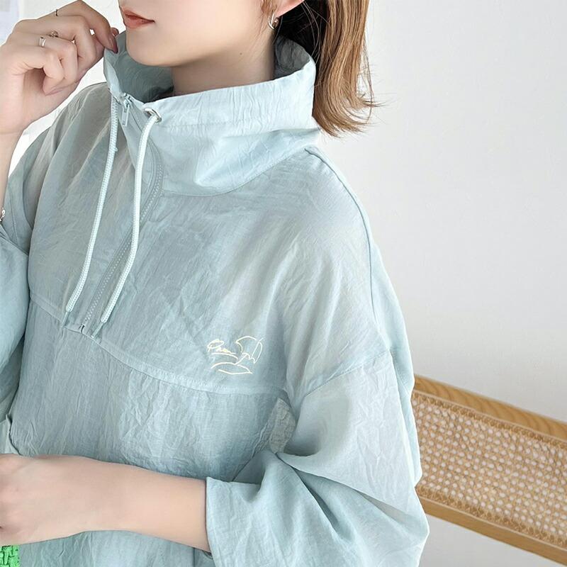 トップス Tシャツ レディース ワンポイント 胸 パラソル 刺繍 シアー 素材 ハーフジップ プルオーバー 裾 ドロスト 仕様 オーバーシルエット | classicalelf