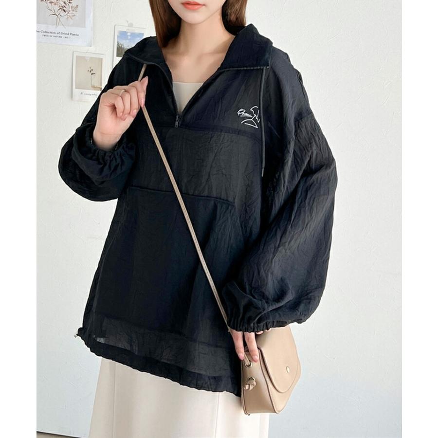 トップス Tシャツ レディース ワンポイント 胸 パラソル 刺繍 シアー 素材 ハーフジップ プルオーバー 裾 ドロスト 仕様 オーバーシルエット | classicalelf | 12