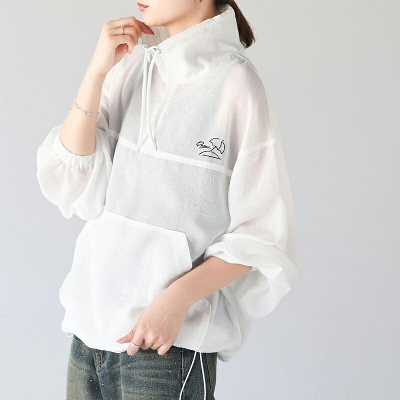 トップス Tシャツ レディース ワンポイント 胸 パラソル 刺繍 シアー 素材 ハーフジップ プルオーバー 裾 ドロスト 仕様 オーバーシルエット | classicalelf | 15