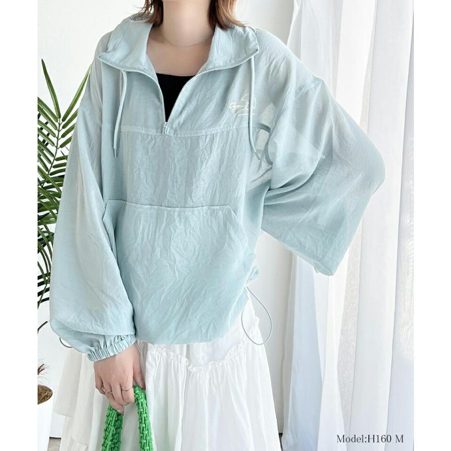 トップス Tシャツ レディース ワンポイント 胸 パラソル 刺繍 シアー 素材 ハーフジップ プルオーバー 裾 ドロスト 仕様 オーバーシルエット | classicalelf | 02