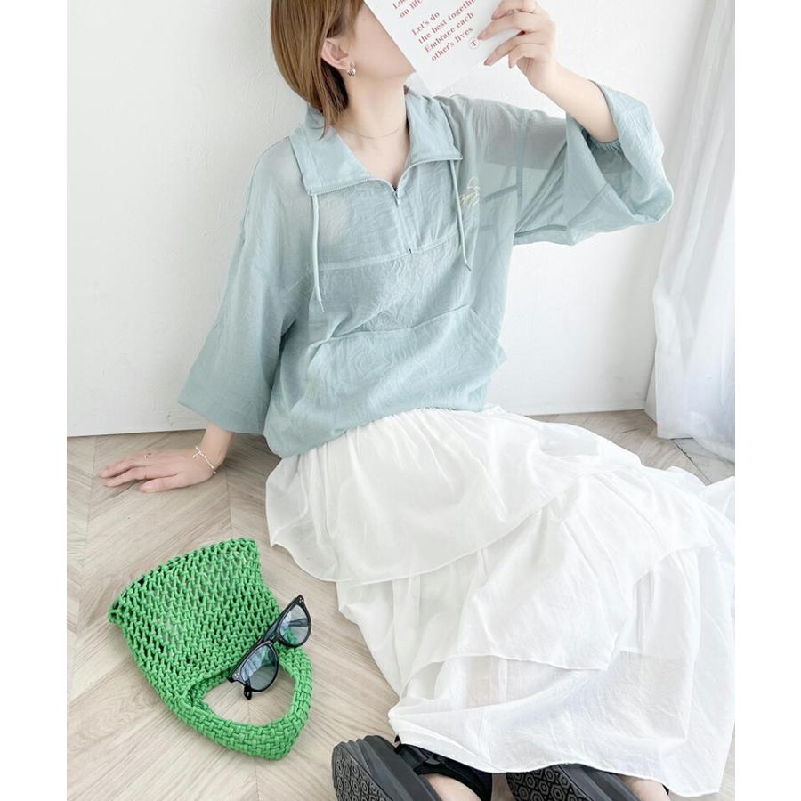 トップス Tシャツ レディース ワンポイント 胸 パラソル 刺繍 シアー 素材 ハーフジップ プルオーバー 裾 ドロスト 仕様 オーバーシルエット | classicalelf | 03