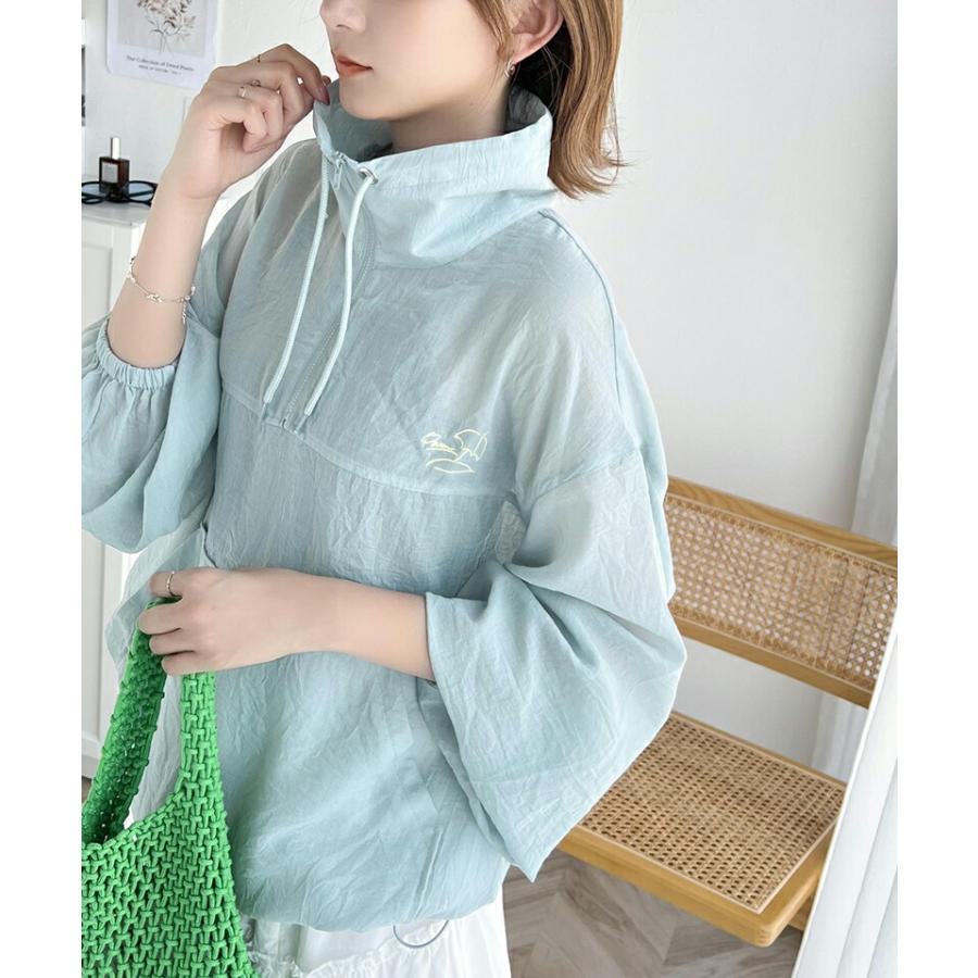 トップス Tシャツ レディース ワンポイント 胸 パラソル 刺繍 シアー 素材 ハーフジップ プルオーバー 裾 ドロスト 仕様 オーバーシルエット | classicalelf | 04