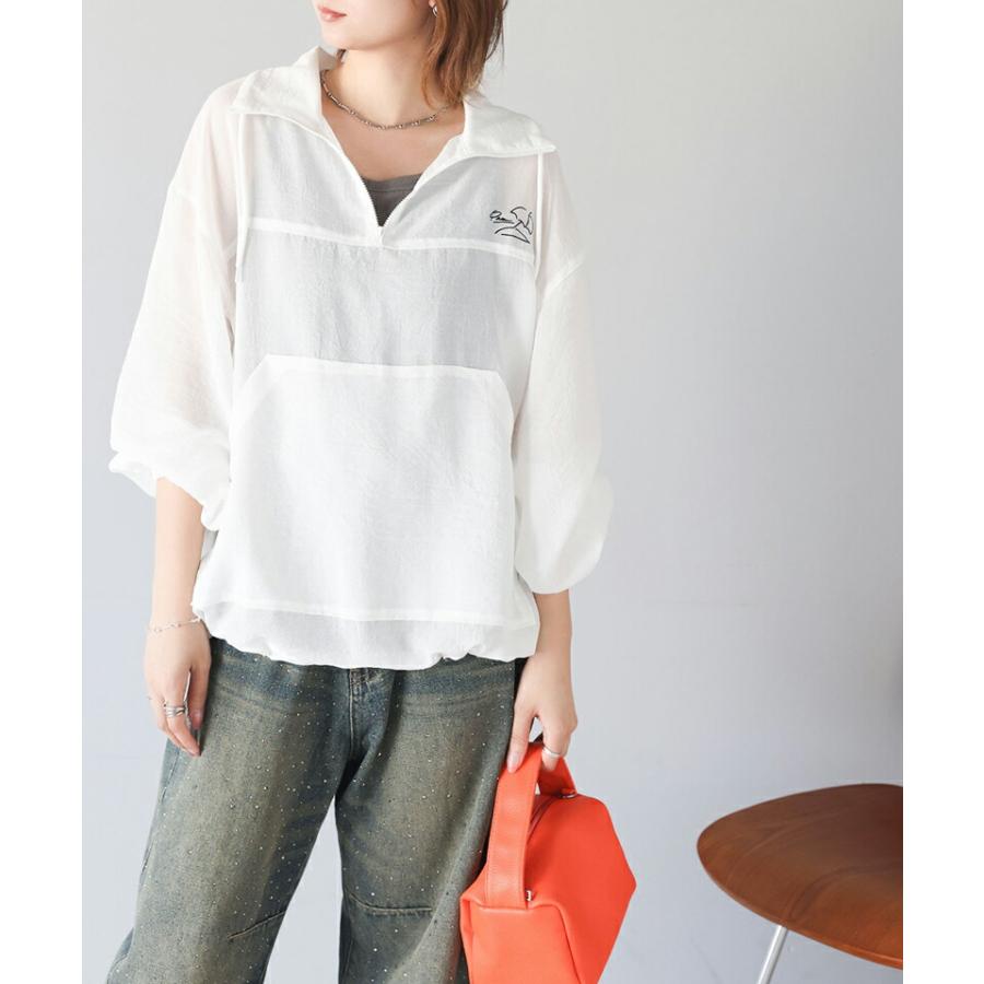 トップス Tシャツ レディース ワンポイント 胸 パラソル 刺繍 シアー 素材 ハーフジップ プルオーバー 裾 ドロスト 仕様 オーバーシルエット | classicalelf | 07