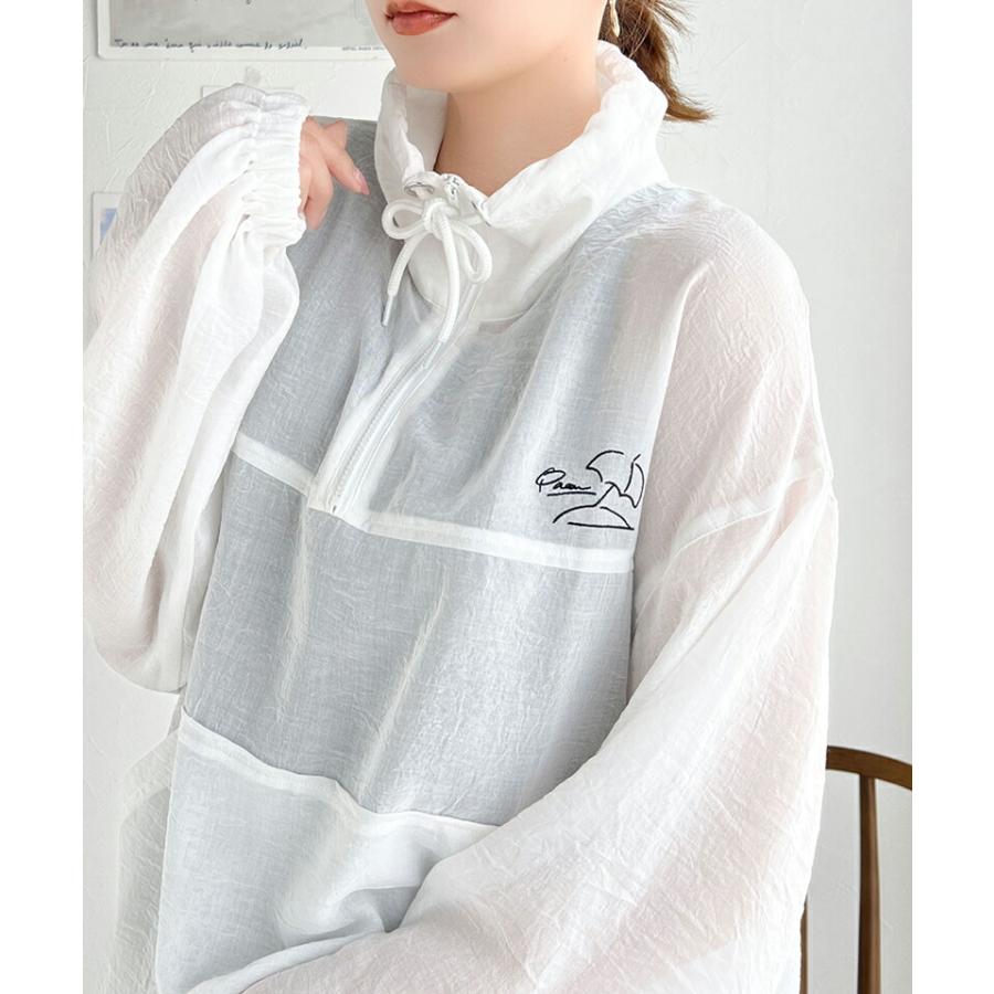 トップス Tシャツ レディース ワンポイント 胸 パラソル 刺繍 シアー 素材 ハーフジップ プルオーバー 裾 ドロスト 仕様 オーバーシルエット | classicalelf | 08