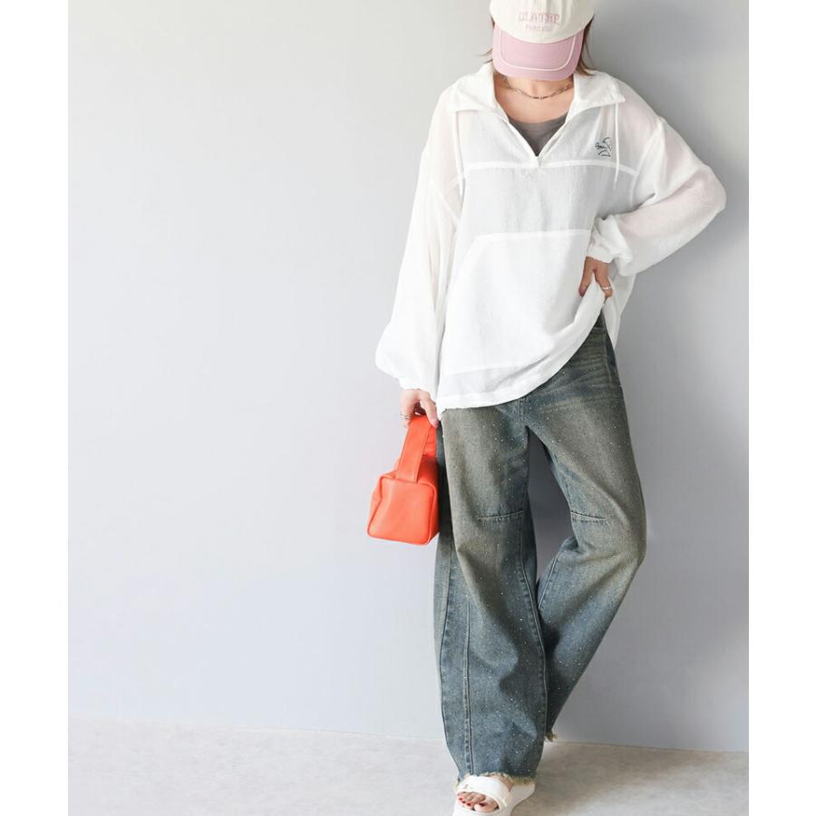 トップス Tシャツ レディース ワンポイント 胸 パラソル 刺繍 シアー 素材 ハーフジップ プルオーバー 裾 ドロスト 仕様 オーバーシルエット | classicalelf | 09