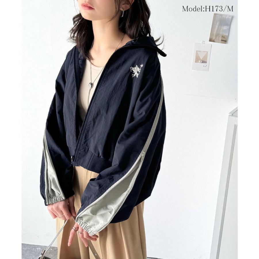 トップス ジャケット レディース アウター ナイロン素材 スポーティ メンズライク 袖配色 リブハイネック レイヤードスタイル 袖ファスナー | classicalelf | 06