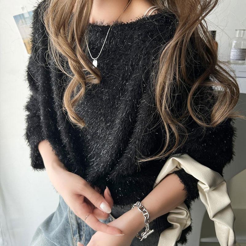 トップス ニット レディース ボートネック セーター ラメ ふわふわ シャギーニット ゆるっと オーバーサイズ レイヤードコーデ 体型カバー | classicalelf