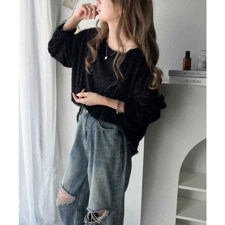 トップス ニット レディース ボートネック セーター ラメ ふわふわ シャギーニット ゆるっと オーバーサイズ レイヤードコーデ 体型カバー | classicalelf | 05