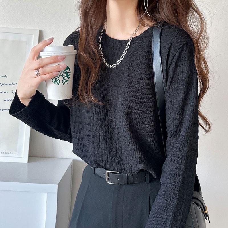 トップス Tシャツ カットソー レディース ジャガード クルーネック 長袖 プルオーバー ベーシック レイヤードスタイル インナー 着 | classicalelf