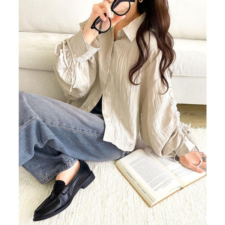 トップス ブラウス レディース シャツ シャーリングシアー素材 2way 上品 軽やかな透け感 光沢感 シャツカラー スタンドカラー カジュアル | classicalelf | 11