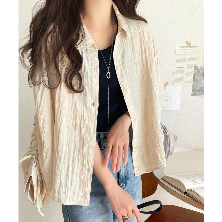 トップス ブラウス レディース シャツ シャーリングシアー素材 2way 上品 軽やかな透け感 光沢感 シャツカラー スタンドカラー カジュアル | classicalelf | 12