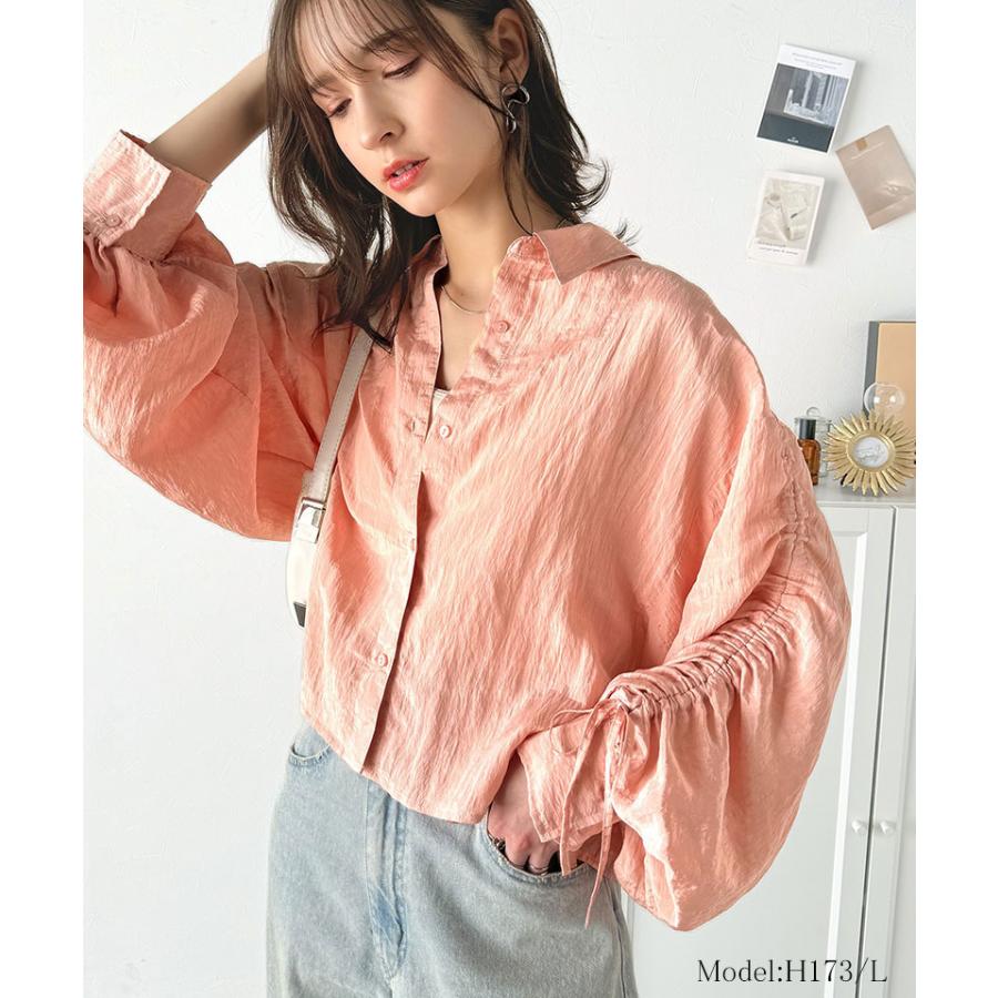 トップス ブラウス レディース シャツ シャーリングシアー素材 2way 上品 軽やかな透け感 光沢感 シャツカラー スタンドカラー カジュアル | classicalelf | 13