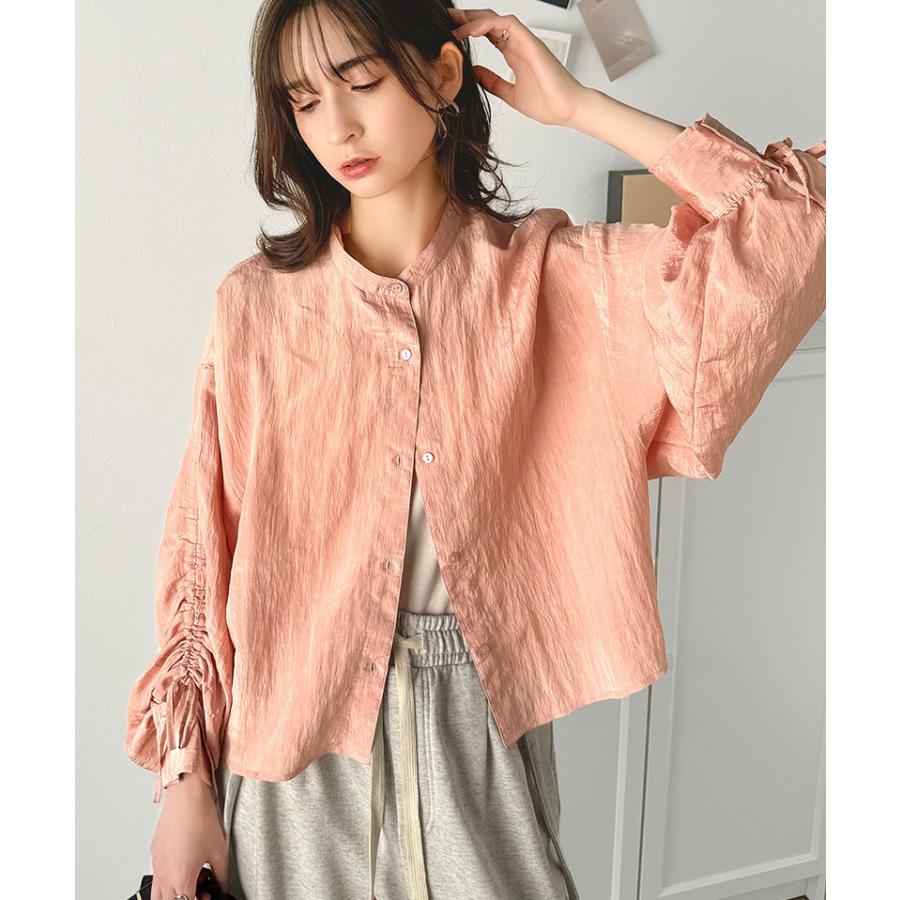 トップス ブラウス レディース シャツ シャーリングシアー素材 2way 上品 軽やかな透け感 光沢感 シャツカラー スタンドカラー カジュアル | classicalelf | 14