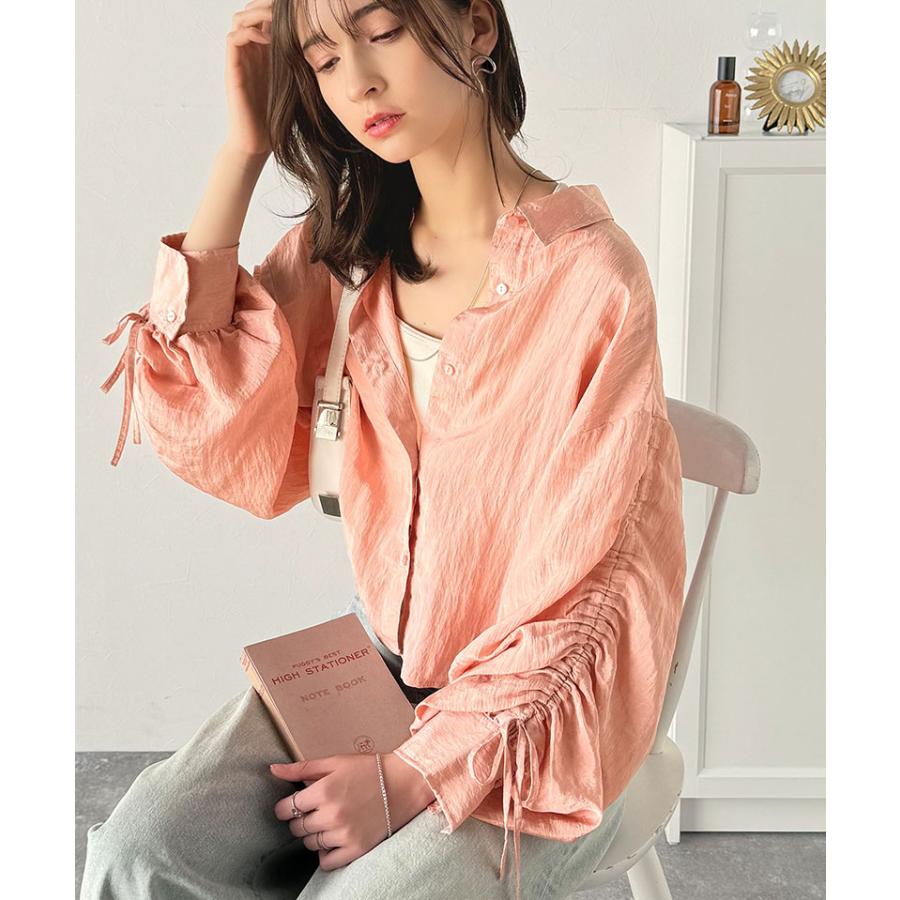 トップス ブラウス レディース シャツ シャーリングシアー素材 2way 上品 軽やかな透け感 光沢感 シャツカラー スタンドカラー カジュアル | classicalelf | 15