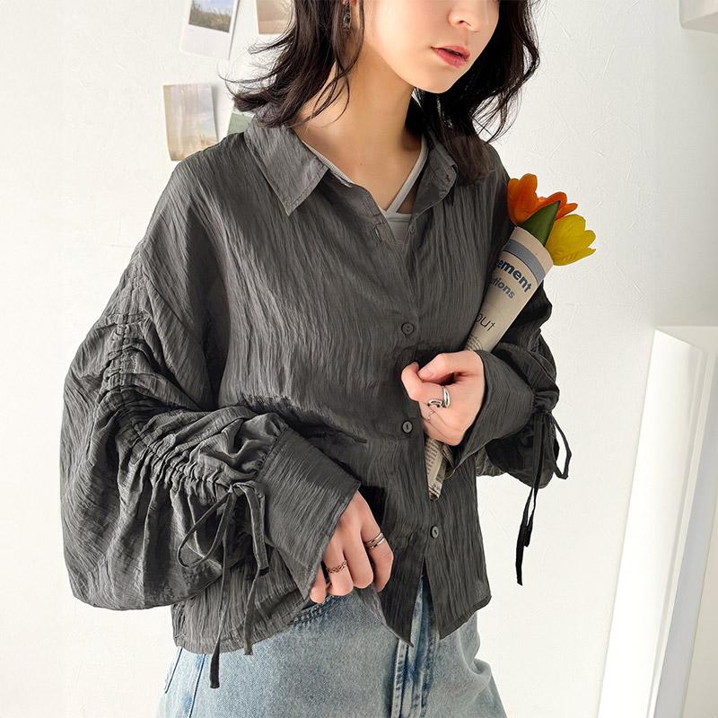 トップス ブラウス レディース シャツ シャーリングシアー素材 2way 上品 軽やかな透け感 光沢感 シャツカラー スタンドカラー カジュアル | classicalelf | 18