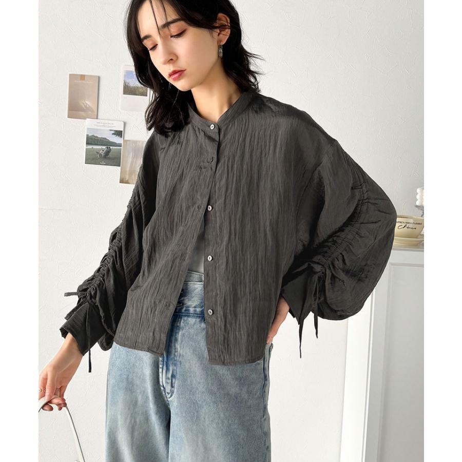 トップス ブラウス レディース シャツ シャーリングシアー素材 2way 上品 軽やかな透け感 光沢感 シャツカラー スタンドカラー カジュアル | classicalelf | 04