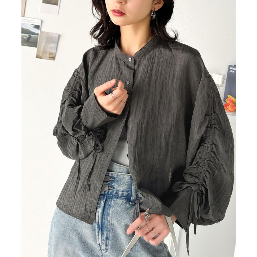トップス ブラウス レディース シャツ シャーリングシアー素材 2way 上品 軽やかな透け感 光沢感 シャツカラー スタンドカラー カジュアル | classicalelf | 05