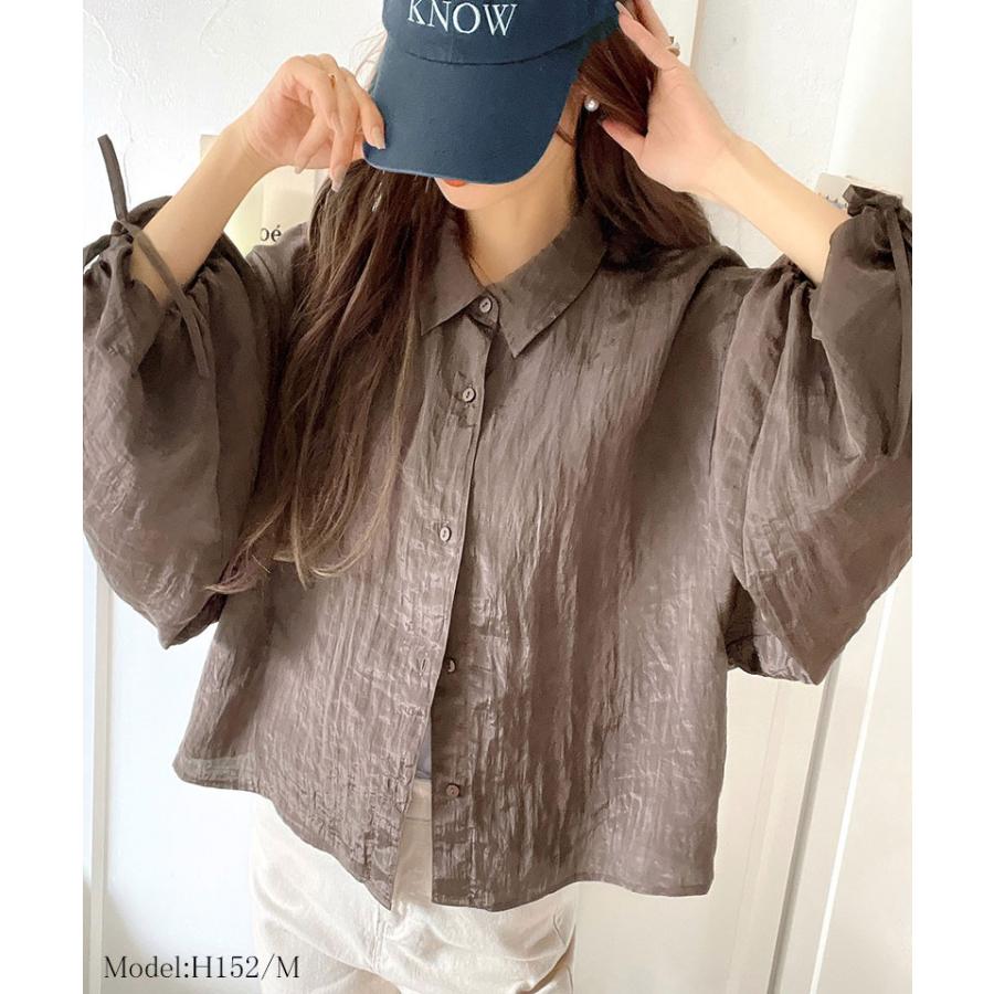 トップス ブラウス レディース シャツ シャーリングシアー素材 2way 上品 軽やかな透け感 光沢感 シャツカラー スタンドカラー カジュアル | classicalelf | 06