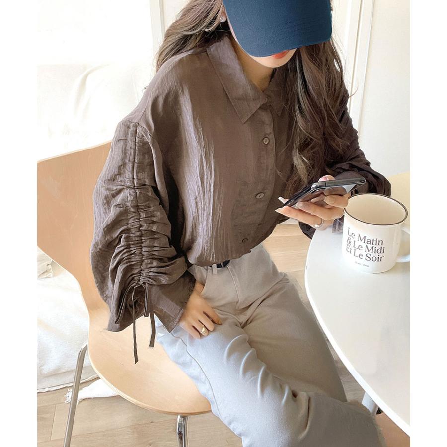 トップス ブラウス レディース シャツ シャーリングシアー素材 2way 上品 軽やかな透け感 光沢感 シャツカラー スタンドカラー カジュアル | classicalelf | 08