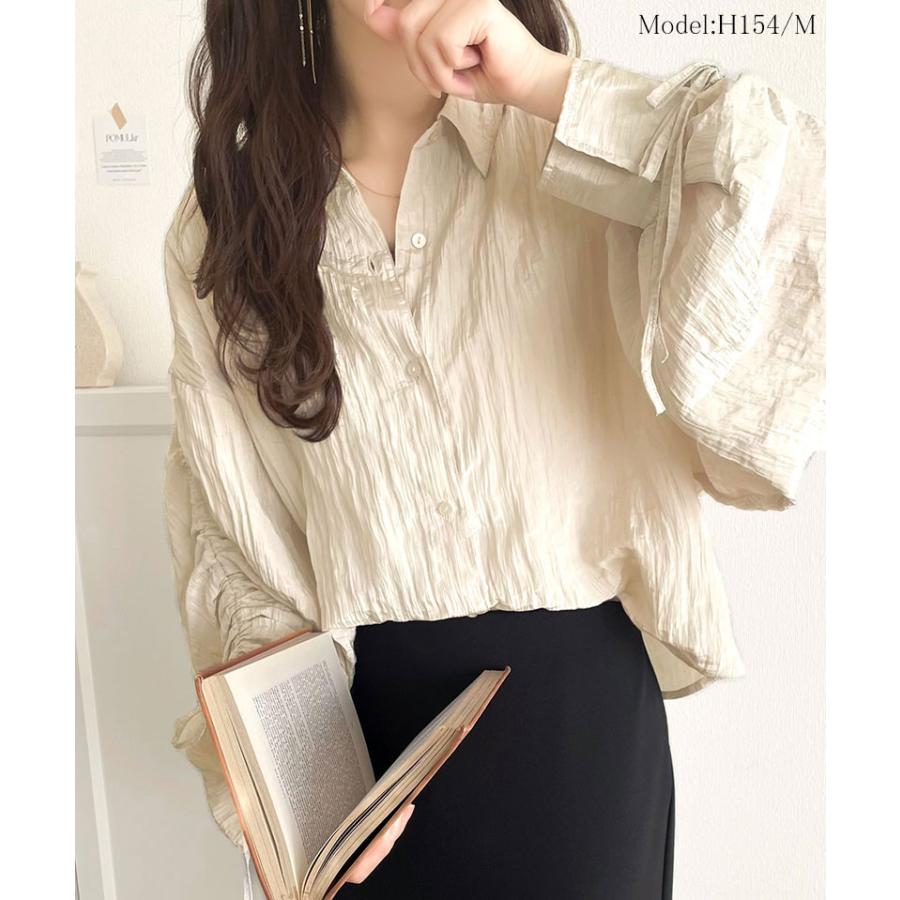 トップス ブラウス レディース シャツ シャーリングシアー素材 2way 上品 軽やかな透け感 光沢感 シャツカラー スタンドカラー カジュアル | classicalelf | 09