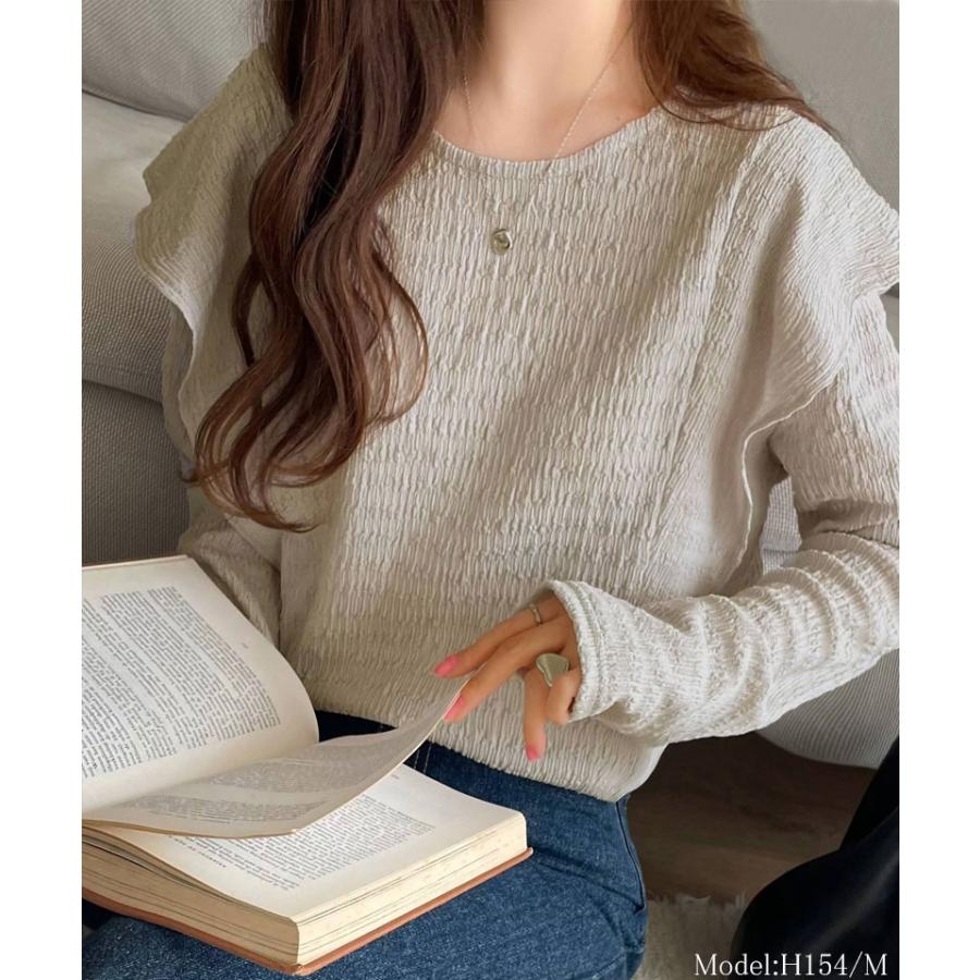トップス Tシャツ カットソー レディース ラッフル ショルダー ジャガード フリル シャーリング プルオーバー オフィスカジュアル | classicalelf | 11