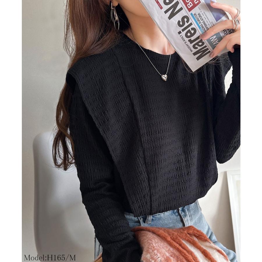 トップス Tシャツ カットソー レディース ラッフル ショルダー ジャガード フリル シャーリング プルオーバー オフィスカジュアル | classicalelf | 05