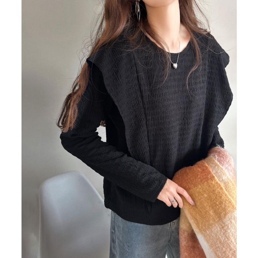 トップス Tシャツ カットソー レディース ラッフル ショルダー ジャガード フリル シャーリング プルオーバー オフィスカジュアル | classicalelf | 06