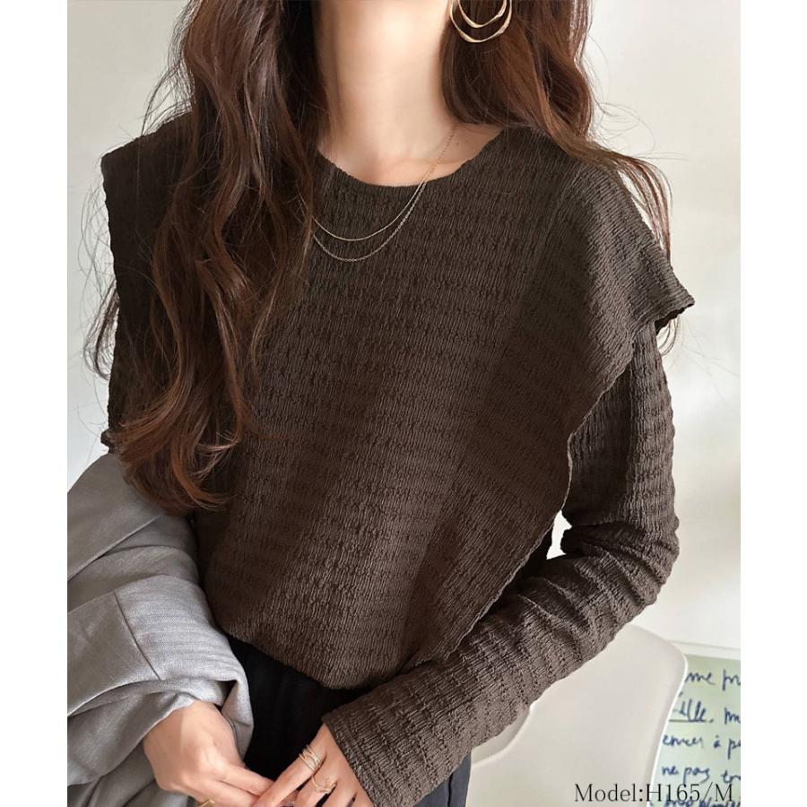 トップス Tシャツ カットソー レディース ラッフル ショルダー ジャガード フリル シャーリング プルオーバー オフィスカジュアル | classicalelf | 08