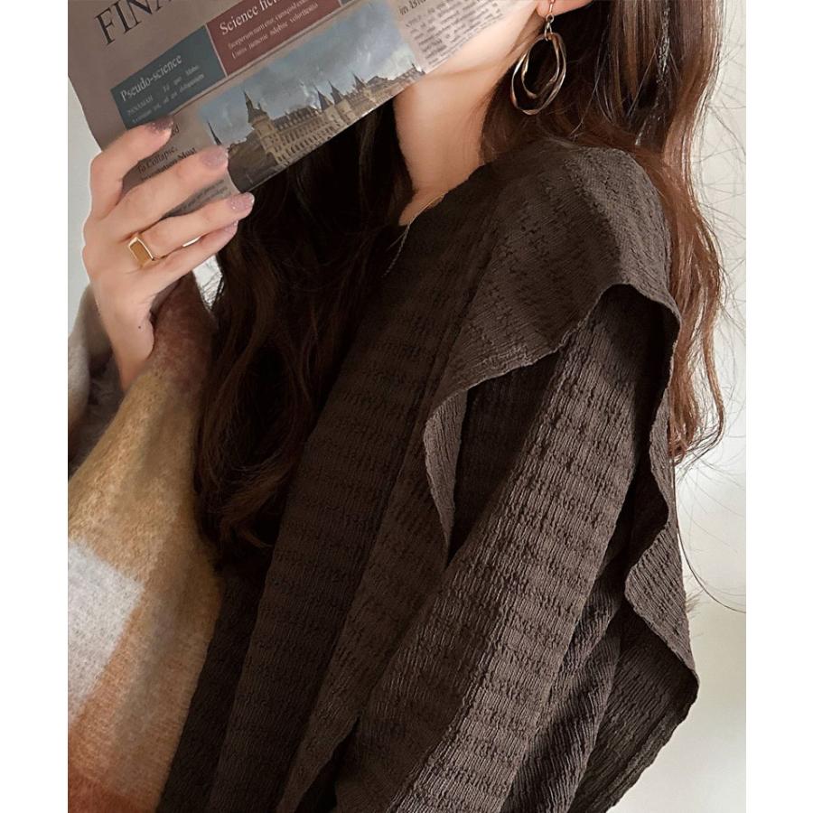 トップス Tシャツ カットソー レディース ラッフル ショルダー ジャガード フリル シャーリング プルオーバー オフィスカジュアル | classicalelf | 09