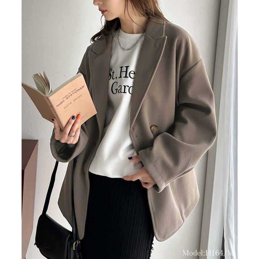 アウター ジャケット レディース フェイク ウール 素材 ダブル テーラード JK ルーズシルエット ピークドラペル ダブルブレスト 袖タック | classicalelf | 12