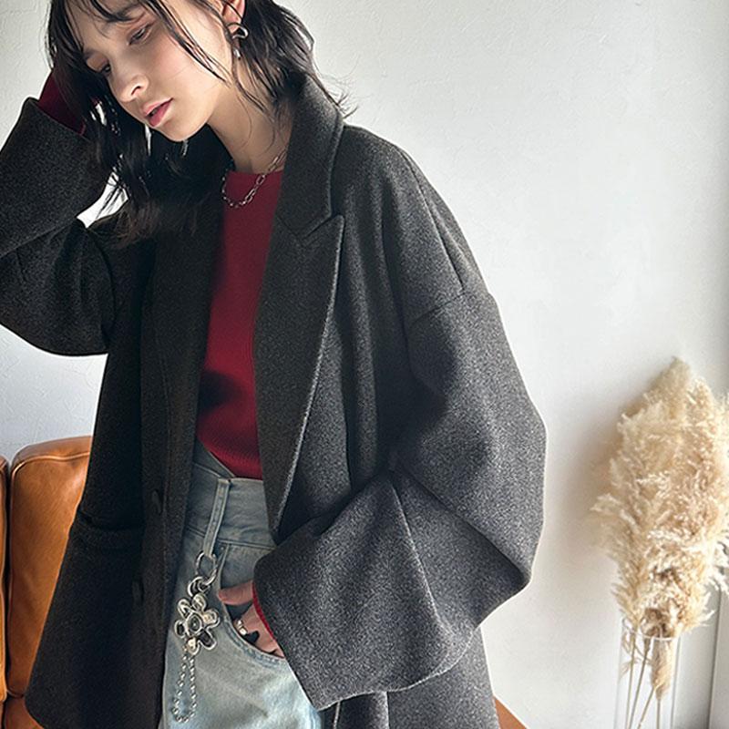 アウター ジャケット レディース フェイク ウール 素材 ダブル テーラード JK ルーズシルエット ピークドラペル ダブルブレスト 袖タック | classicalelf | 18