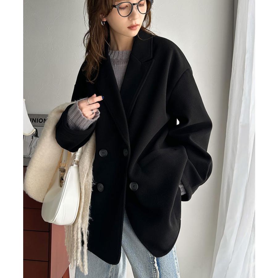 アウター ジャケット レディース フェイク ウール 素材 ダブル テーラード JK ルーズシルエット ピークドラペル ダブルブレスト 袖タック | classicalelf | 05