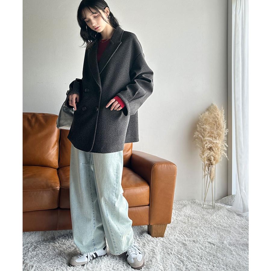 アウター ジャケット レディース フェイク ウール 素材 ダブル テーラード JK ルーズシルエット ピークドラペル ダブルブレスト 袖タック | classicalelf | 09